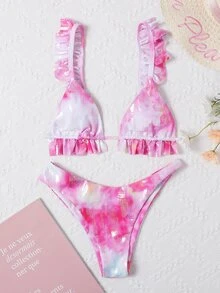 Conjunto de bikini con volantes en estampado de piel de serpiente y teñido anudado - Rosa - Ver 5