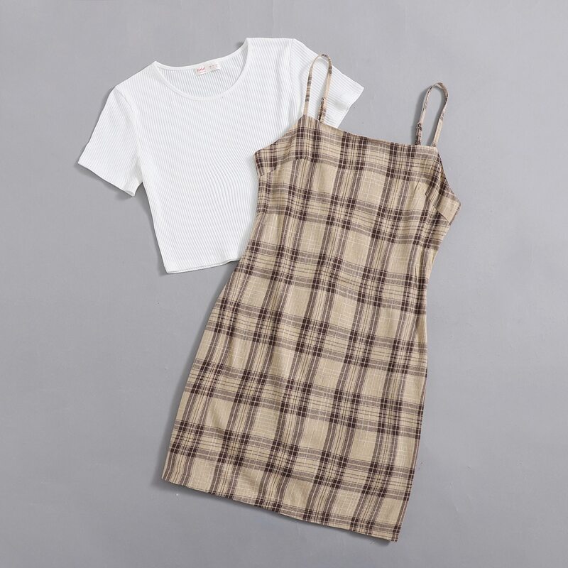 

Solid Ribbed Tee & Plaid Cami Dress, Multicolor