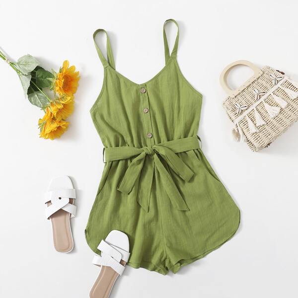 

Button Front Self Belted Romper, Olive green