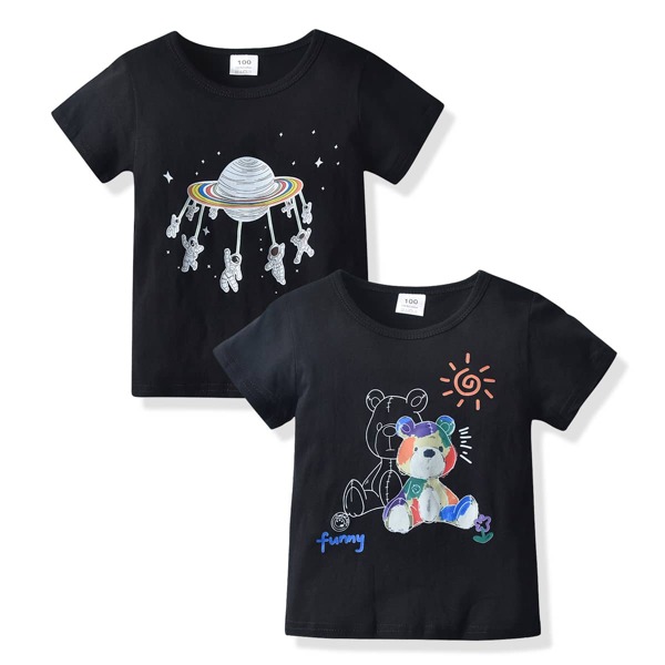 

Toddler Boys 2pcs Cartoon Spaceman And Bear Print Tee, Black