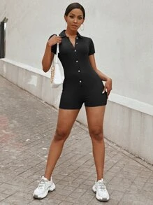 Button Front Rib-knit Romper - Black - View 4