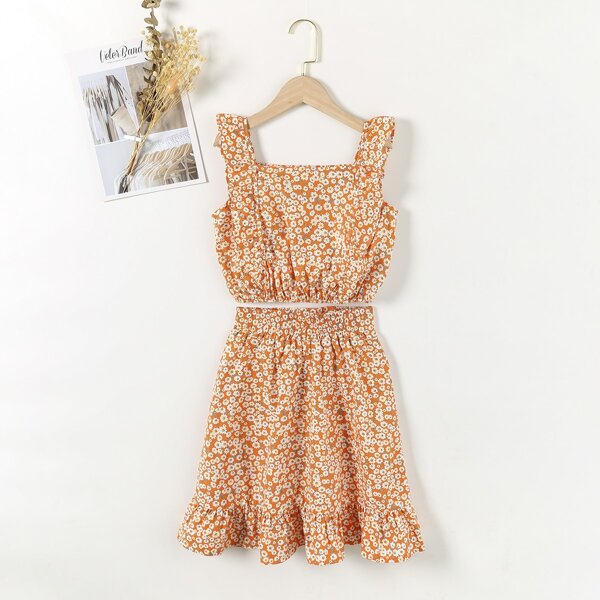 

Girls Ditsy Floral Ruffle Trim Top & Skirt, Orange