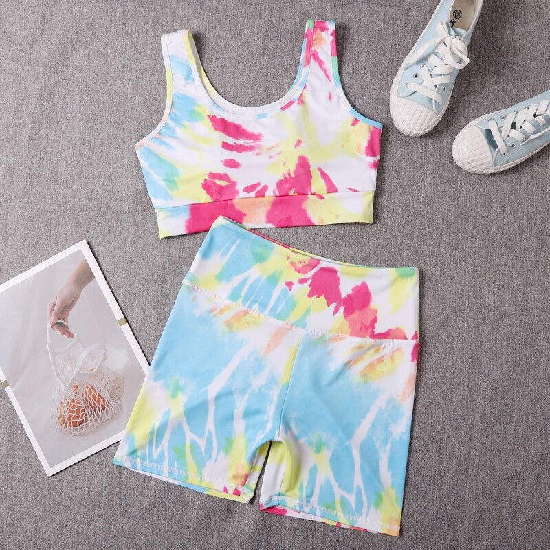 

High Stretch Tie Dye Sports Bra With Biker Shorts, Multicolor
