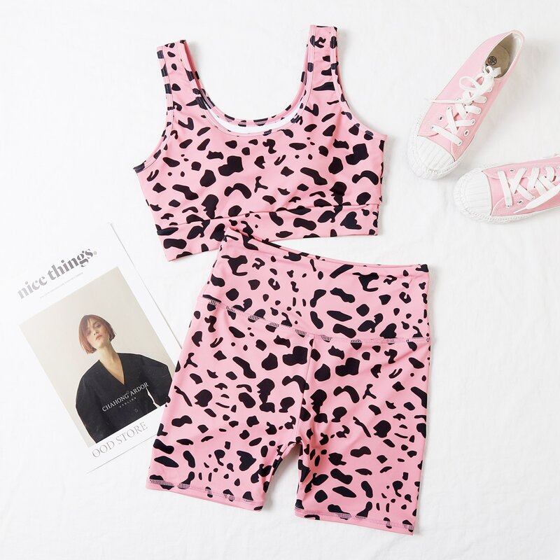 

High Stretch All Over Print Sports Bra With Biker Shorts, Multicolor