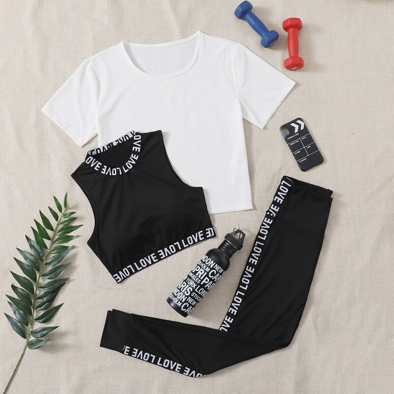 

3pack Letter Tape Tank Top & Leggings & Tee Sports Set, Black and white