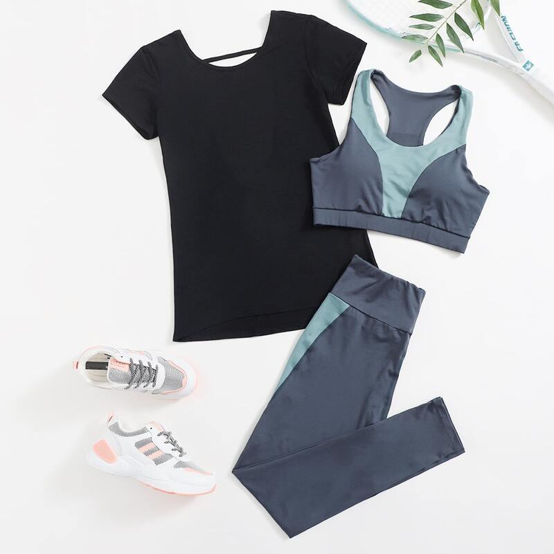 

3pack Color Block Sports Bra & Leggings & Tee, Multicolor