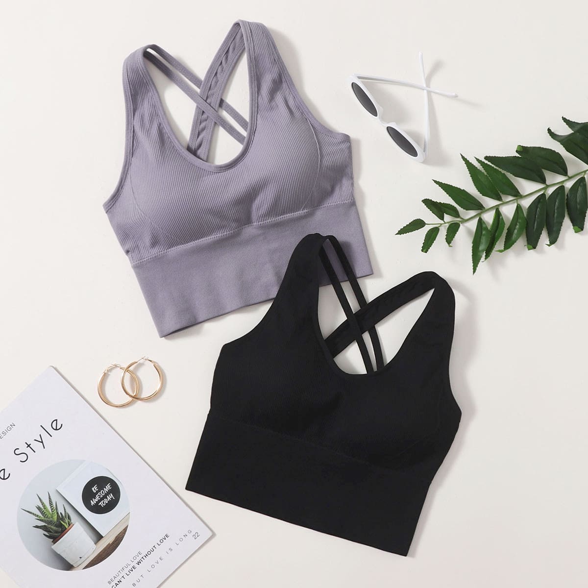 

2pack High Support Criss Cross Back Seamless Sports Bra, Multicolor