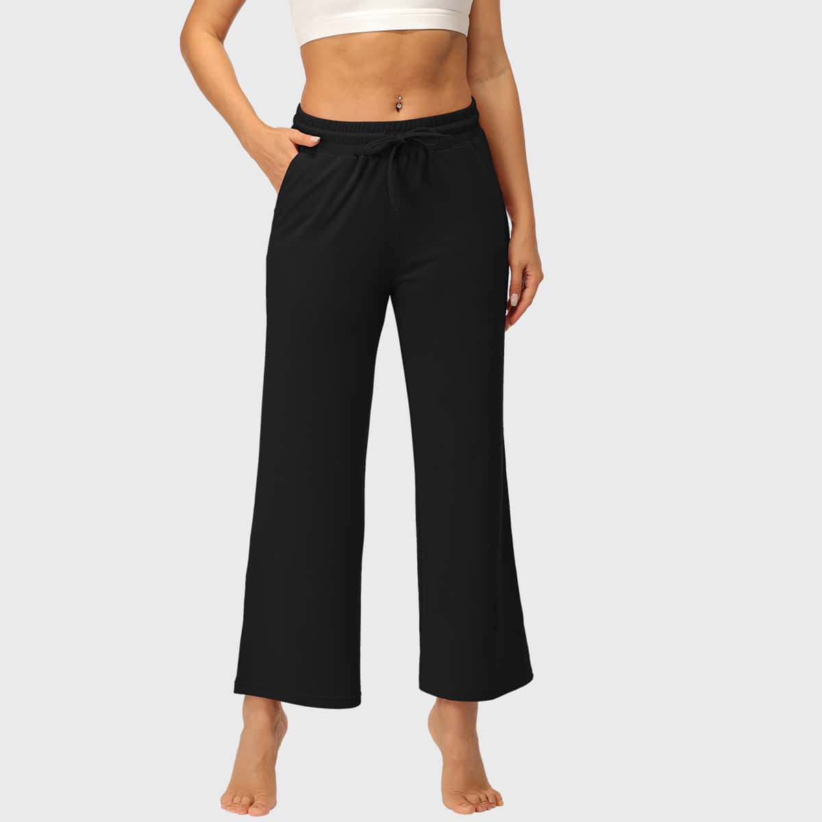 

Drawstring Waist Flare Leg Cropped Sports Pants, Black