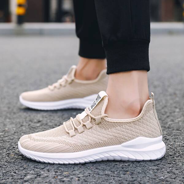 

Men Lace Up Decor Knit Running Shoes, Beige