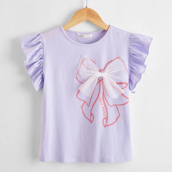 

Girls Letter Graphic Bow Front Tee, Lilac purple