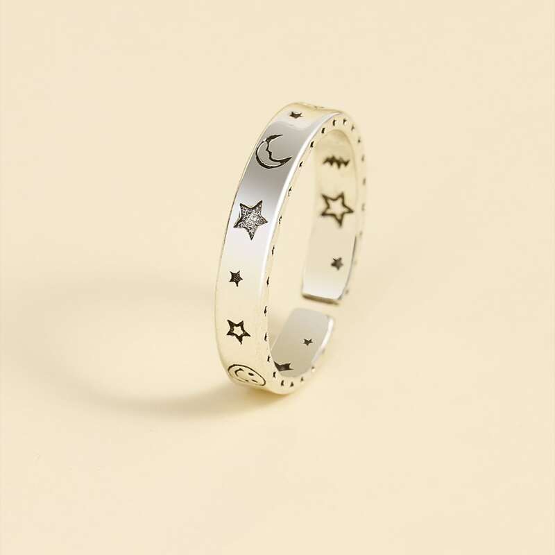 

1pc Star & Moon Cuff Ring, Silver