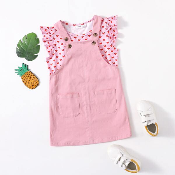 

Toddler Girls Allover Heart Print Top & Overall Dress Set, Pink