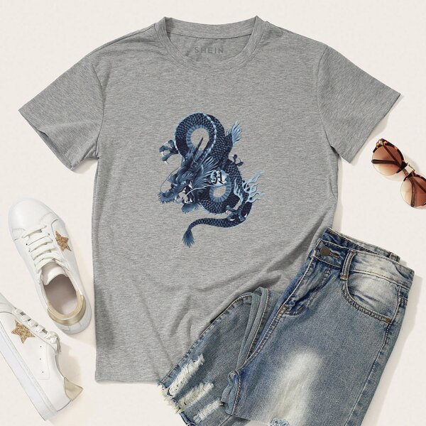

Chinese Dragon Round Neck Tee, Grey
