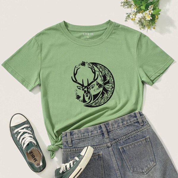 

Deer & Moon Print Tee, Lime green
