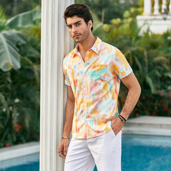 

Men Random Tie Dye Print Button Up Shirt, Multicolor