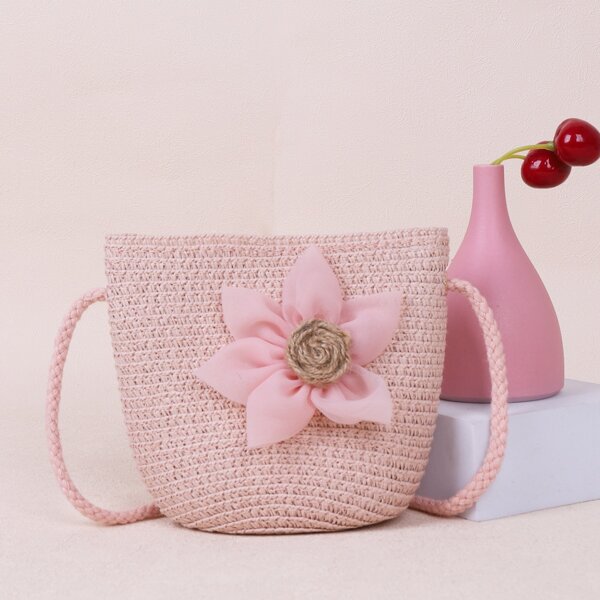 

Girls Floral Decor Straw Bag, Pink