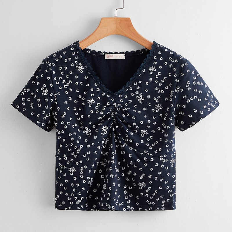 

Ditsy Floral Contrast Lace Ruched Tee, Navy blue
