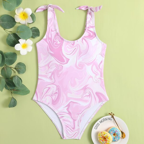 

Girls Random Water Wave Knot One Piece Swimsuit, Baby pink
