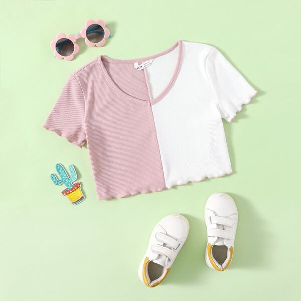 

Girls Colorblock Lettuce Trim Rib-knit Tee, Multicolor