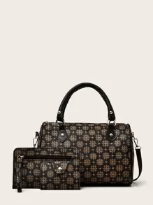 3pcs 3pack Allover Graphic Boston Bag Set - Brown - View 1