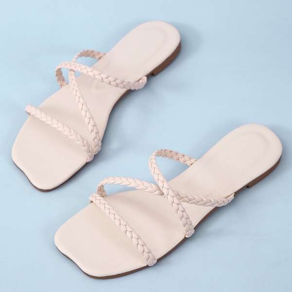 

Braided Strap Slide Sandals, Beige