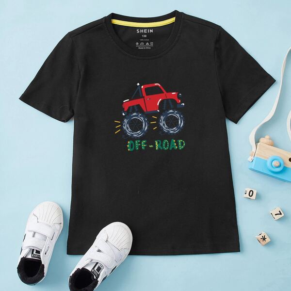 

Toddler Boys Letter & Car Print Tee, Black
