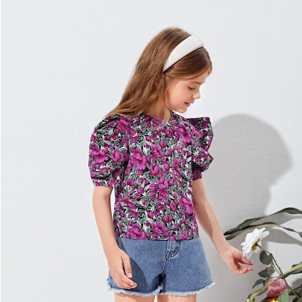 

Girls Floral Puff Sleeve Top, Multicolor
