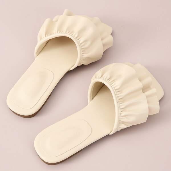 

Ruffle Decor Slide Sandals, Beige