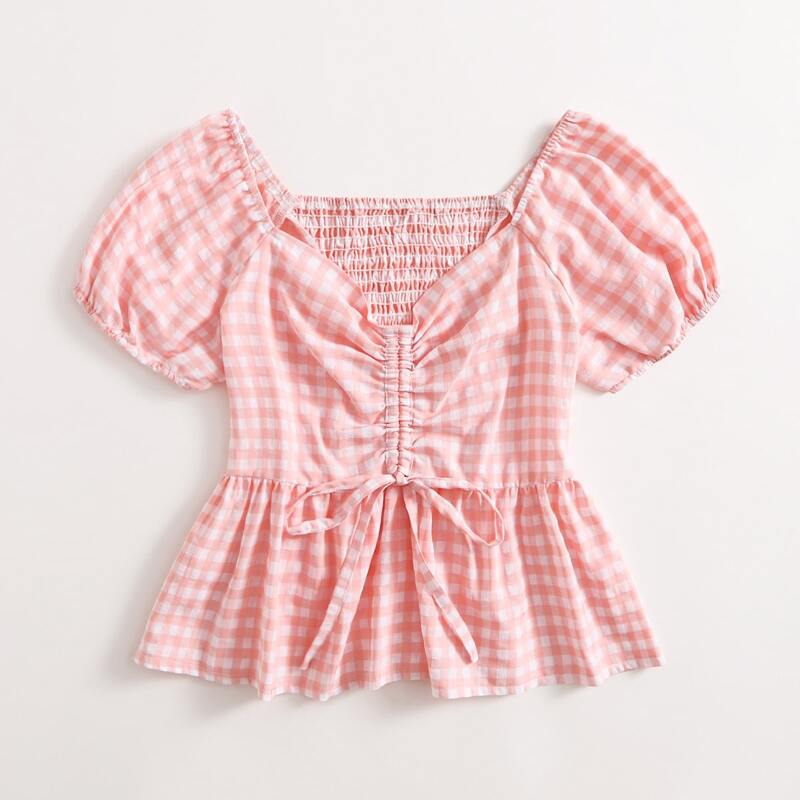 

Gingham Drawstring Shirred Blouse, Pink