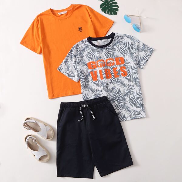 

Boys Tropical and Letter Print 2 Tops & Shorts Set, Multicolor