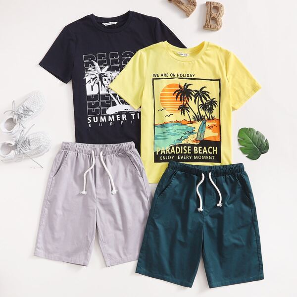 

Boys Tropical and Slogan Print 2 Tops & 2 Shorts Set, Multicolor