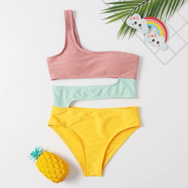 

Girls Color Block Cut-out One Shoulder One Piece Swimsuit, Multicolor