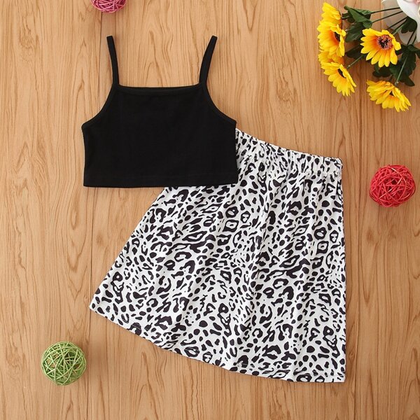 

Toddler Girls Cami Top With Leopard Skirt, Black and white