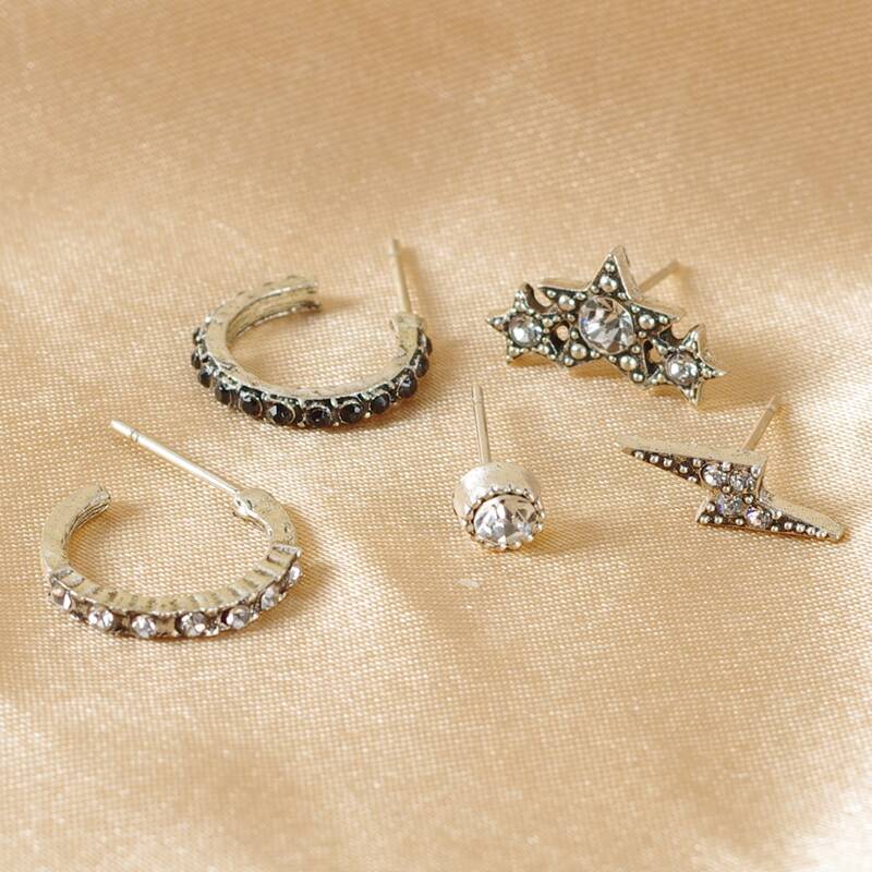 

5pcs Rhinestone Star & Linghtning Earring Set, Silver