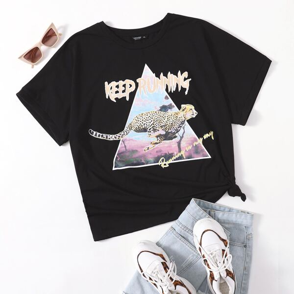 

Plus Letter and Leopard Print Top, Black