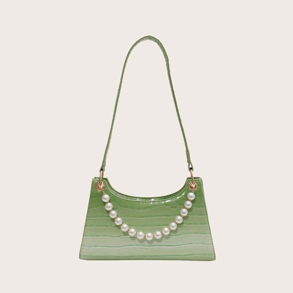

Faux Pearl Decor Croc Embossed Baguette Bag, Green