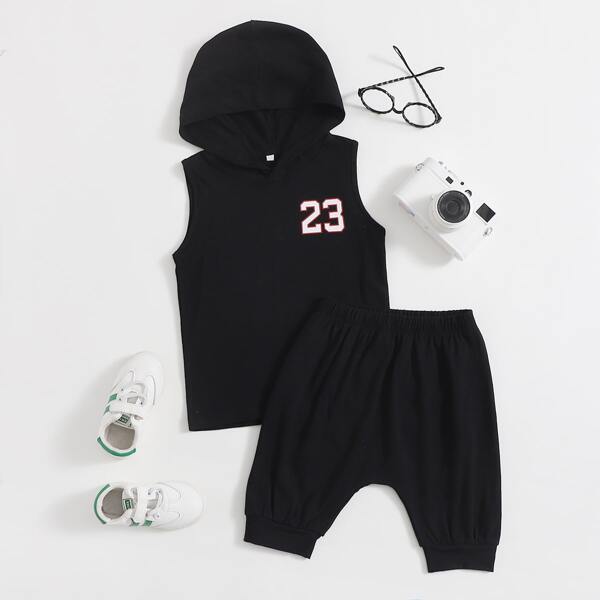 

Toddler Boys Number Graphic Hooded Tank Top With Shorts, Black
