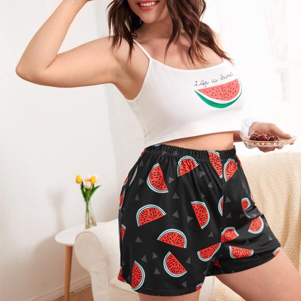 

Plus Watermelon Print Cami Pajama Set, Black and white
