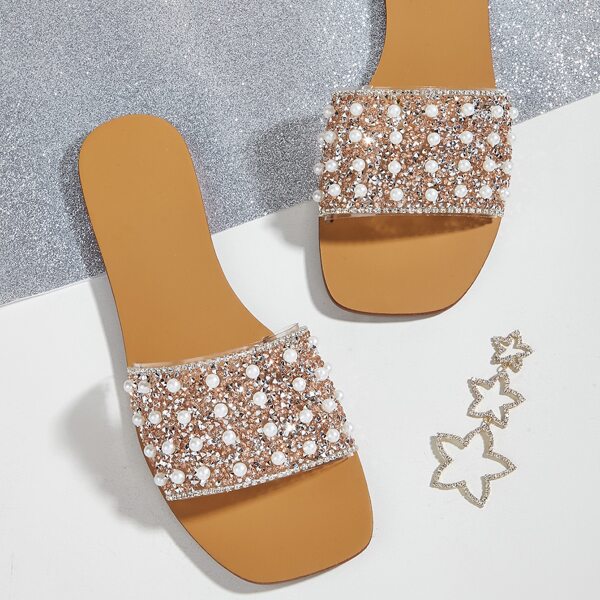 

Rhinestone & Faux Pearl Decor Slide Sandals, Clear