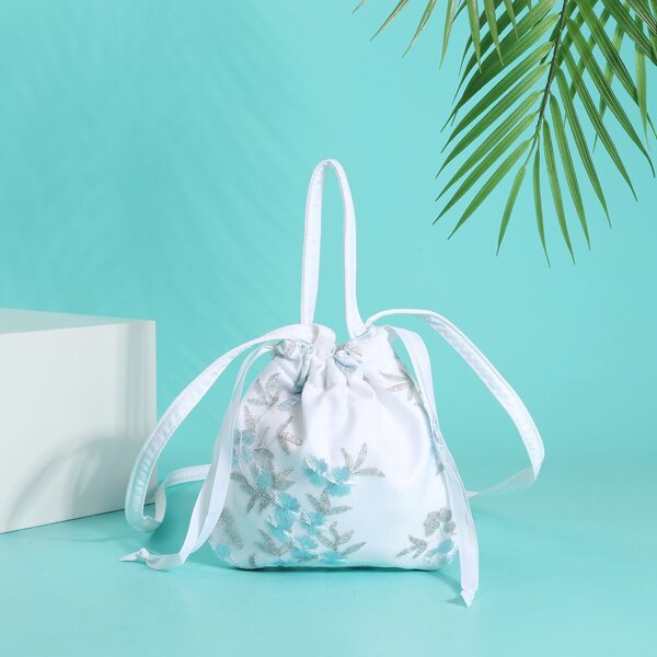 

Floral Embroidery Satchel Bag, White