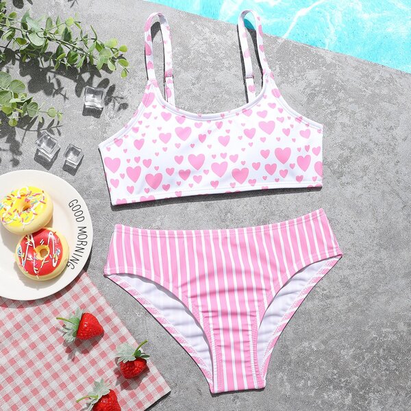 

Girls Random Heart & Striped Bikini Swimsuit, Baby pink