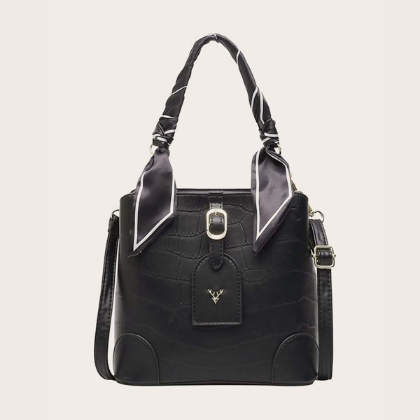 

Twilly Scarf Decor Croc Embossed Bucket Bag, Black