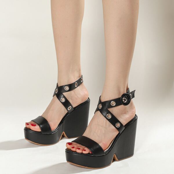 

Eyelet Design Ankle Strap Wedge Sandals, Black