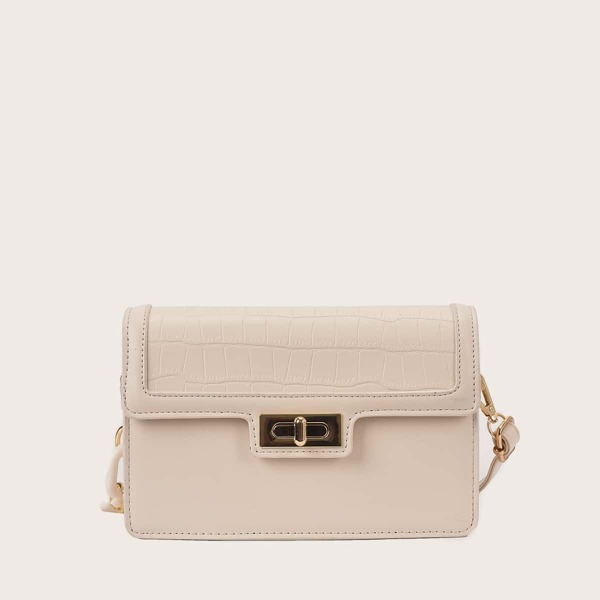 

Croc Embossed Turn-lock Crossbody Bag, Beige