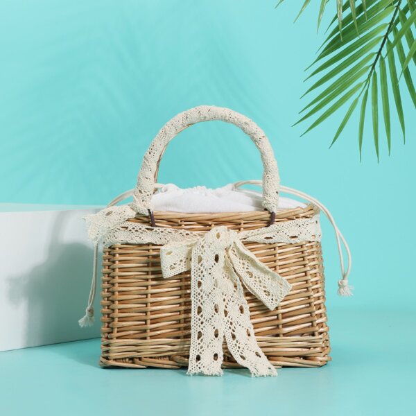 

Floral Lace Decor Straw Bag, Khaki