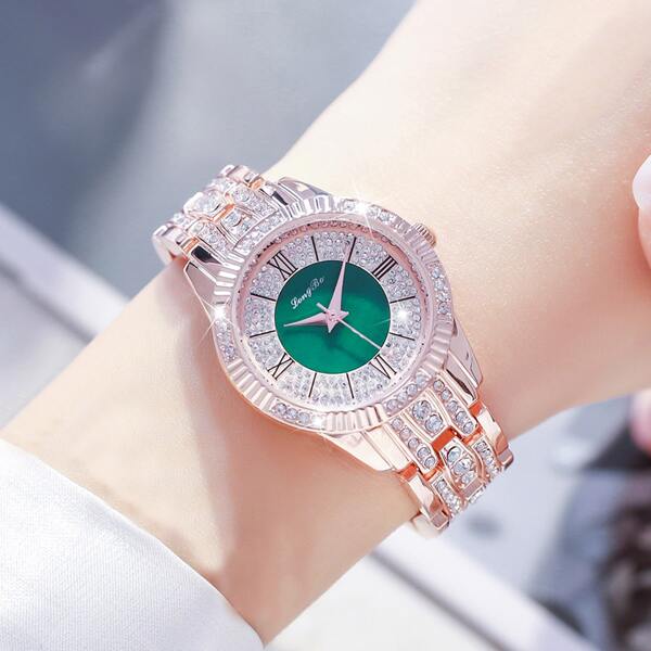 

Rhinestone Decor Round Pointer Quartz Watch