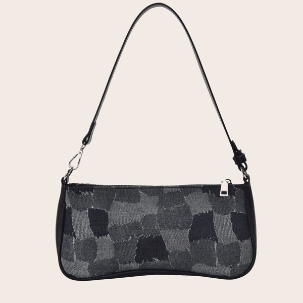 

Colorblock Denim Baguette Bag, Black