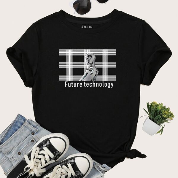 

Letter And Graphic Print Tee, Black