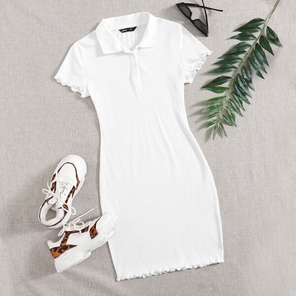 

Plus Lettuce Trim Half Button Placket Bodycon Dress, White