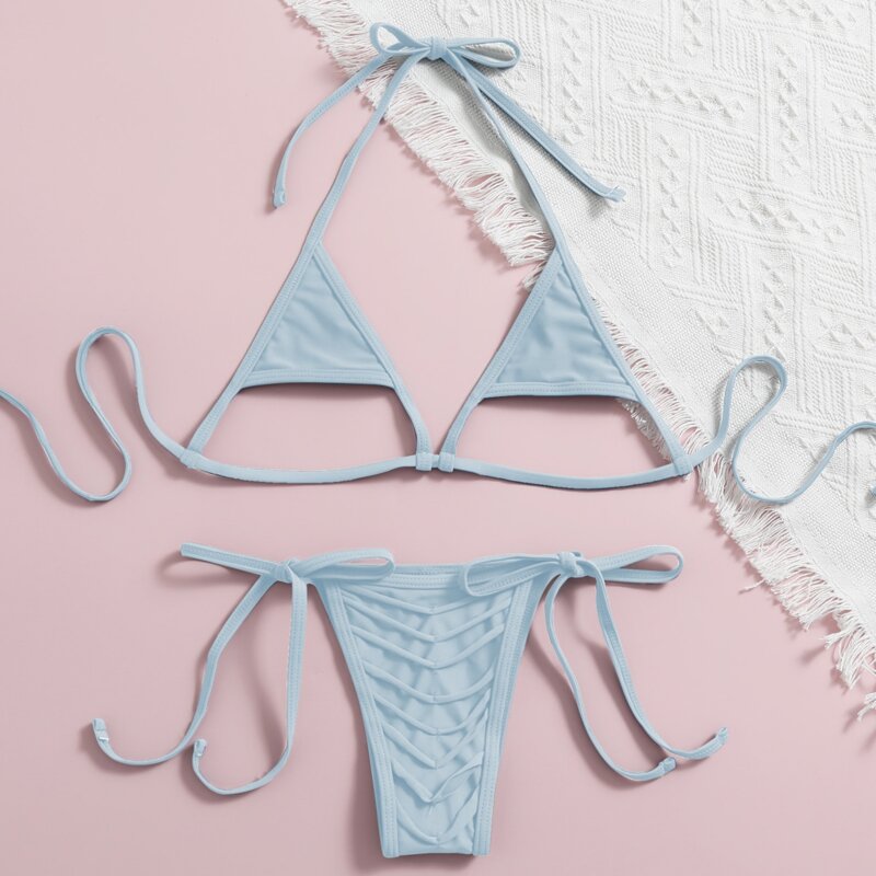 

Cut-out Micro Triangle Tie Side Bikini Swimsuit, Baby blue